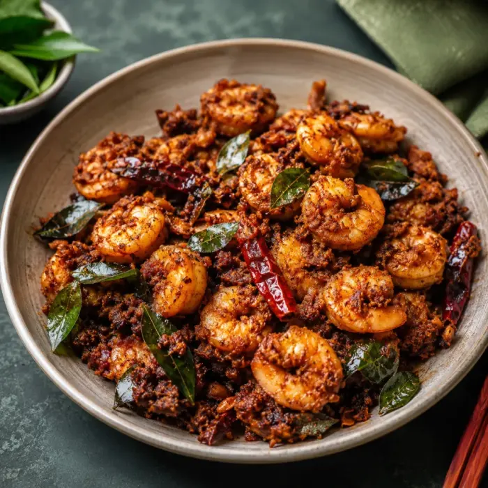 A plate of royyala vepudu — prawn fry with curry leaves and red chillies