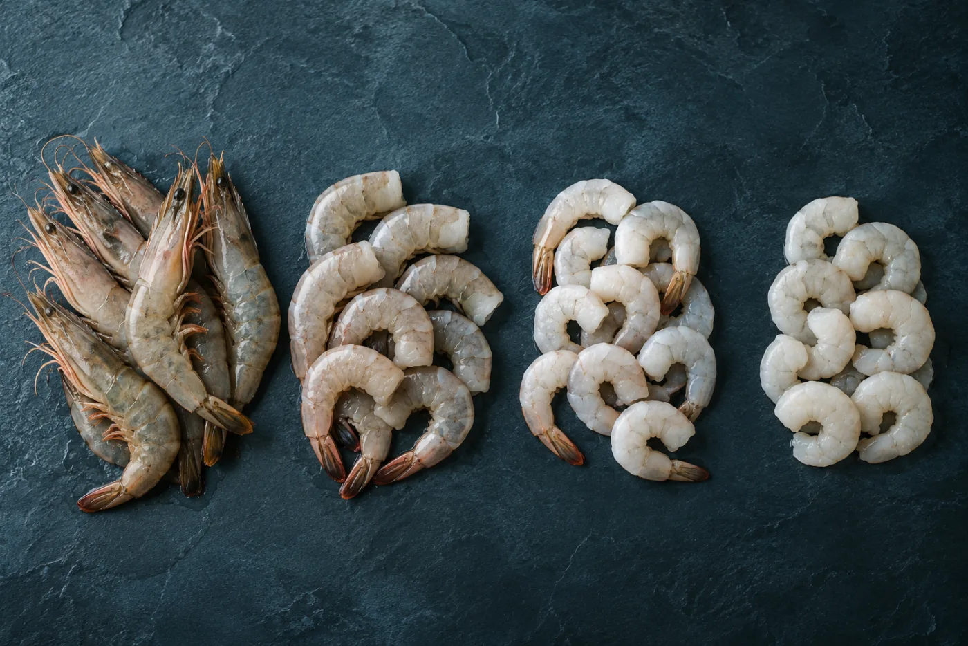Fresh raw prawns on ice